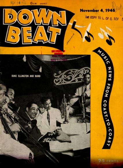 Downbeat magazine cover with photograph of Duke Ellington's Orchestra on the bottom half of the magazine for November 4, 1946.