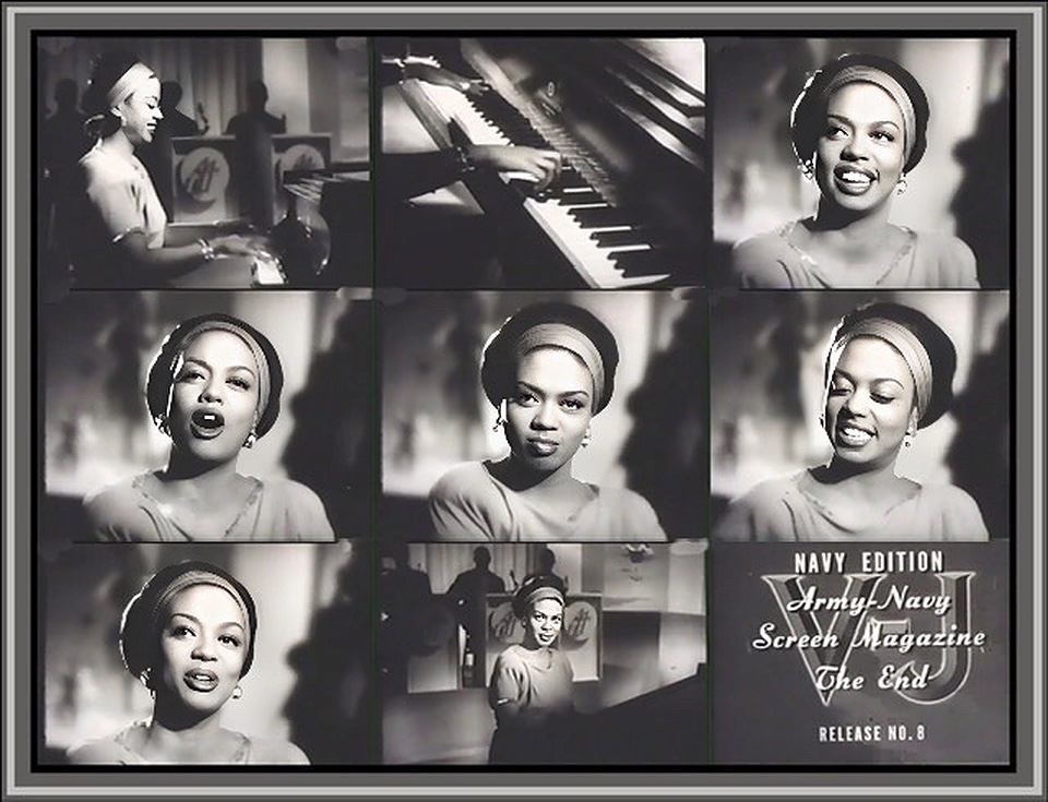 A collage of screen shots of Hazel Scott performing at a piano from an Army/Navy Screen Magazine release  number 8 film 🎞.
