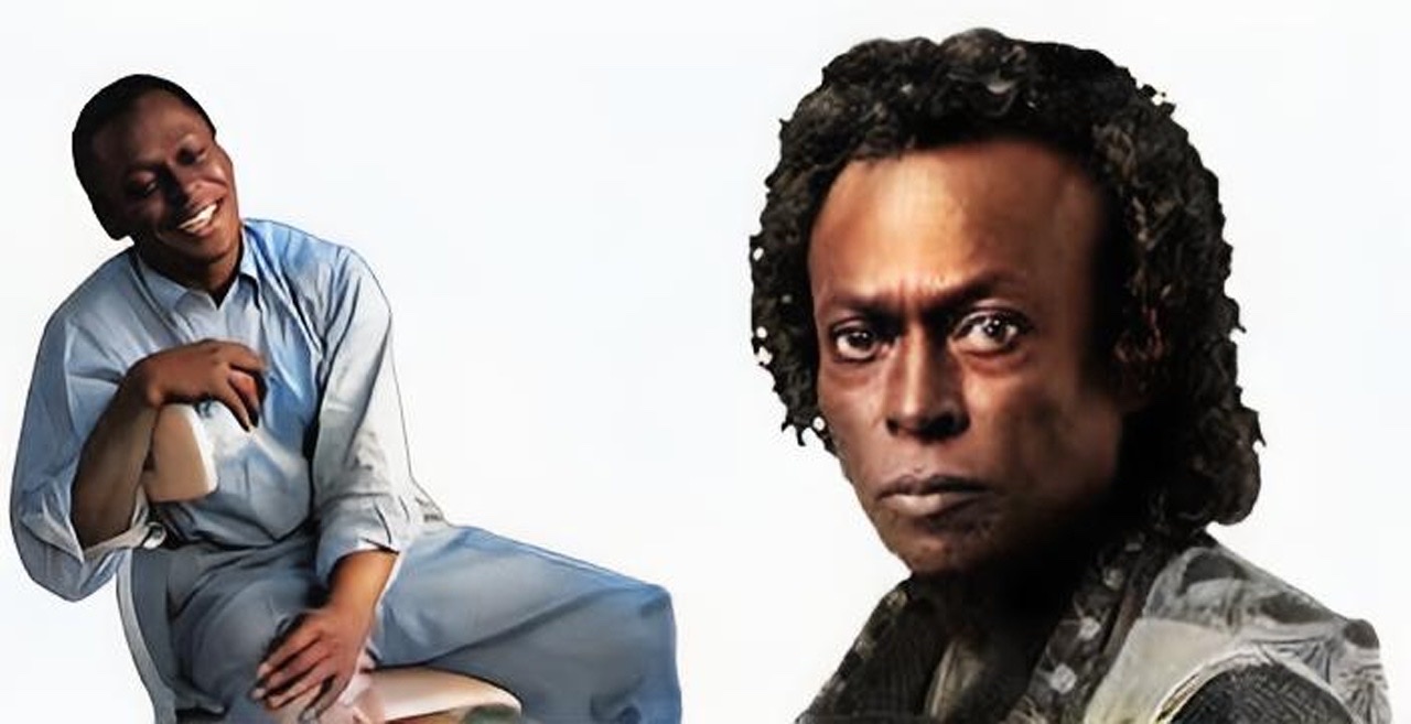 A colorized live photo diptych of a young man Miles Davis in white shirt sitting on a chair on the left side with an older Miles Davis with curly long hair on right side.