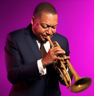 An enhanced color photograph of Wynton Marsalis blowing his trumpet with a hot pink background.