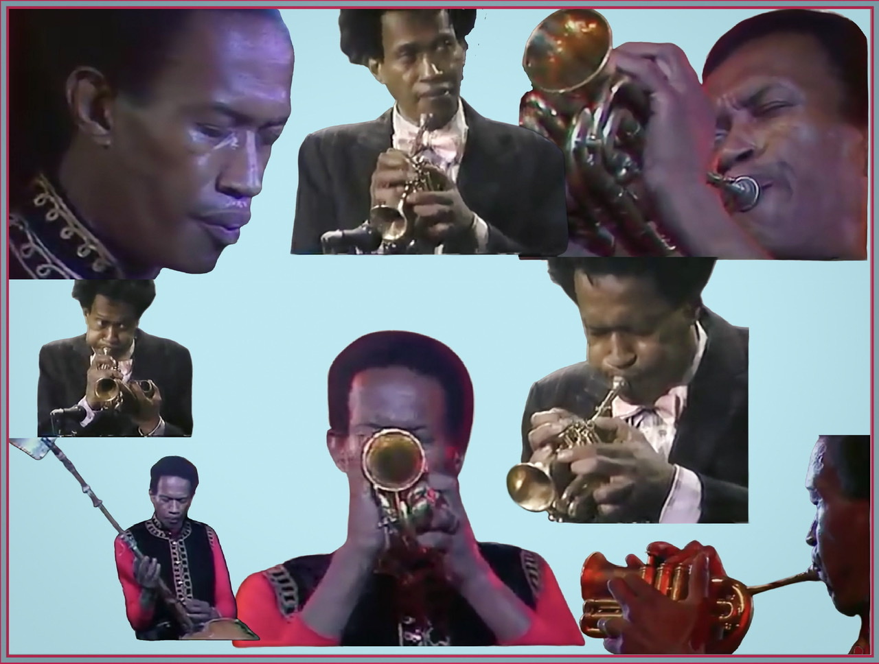 A composite of eight cutout photographs of Don Cherry playing his pocket cornet in six of the eight.