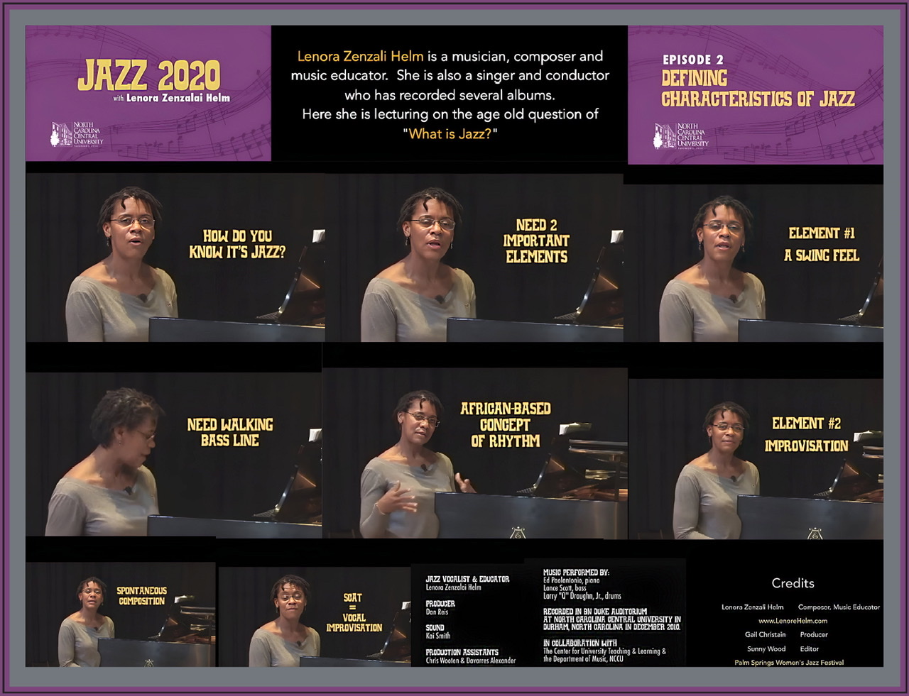 A framed color composite of multiple screen captures of Lenora Zenzalai Helm lecturing on "What is Jazz?"
