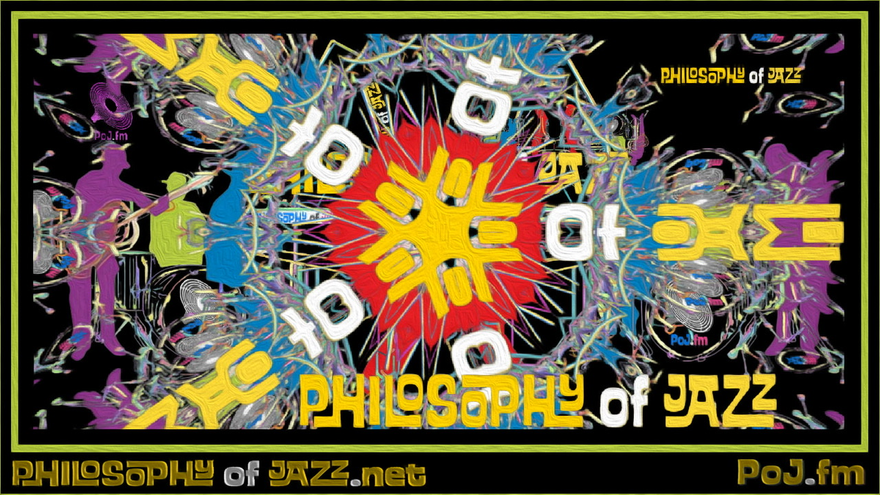 A framed colorful graphic of silhouetted bright pastel colored jazz band figures overlapping with exploding kaleidoscope imagery with PoJ.fm logos often partially obscured.
