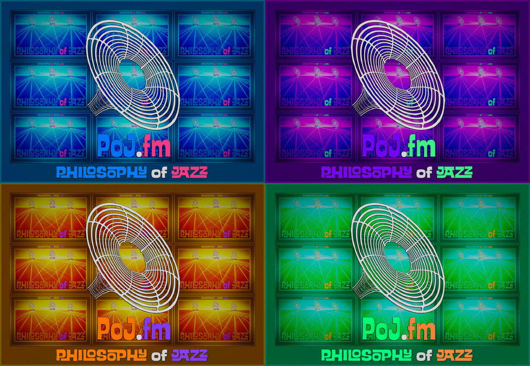 A colorful framed lomography collage graphic displaying four identical quadrants of different colored quadrants with PoJ.fm logos.