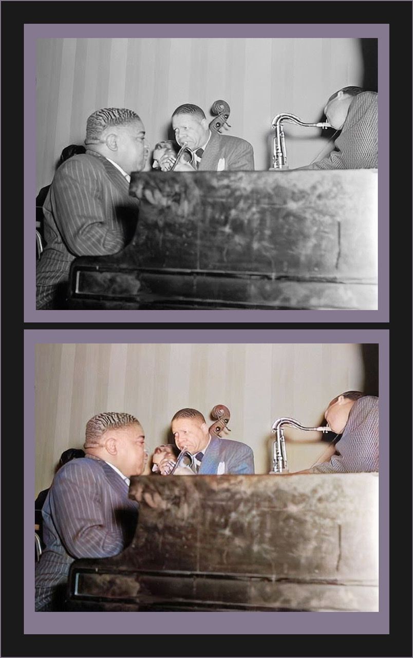 A detail from a William P. Gottlieb photograph that has been colorized on bottom half with original black and white photograph on top half of Pete Johnson at piano on left with trumpeter Red Allen in middle and Lester Young on far right side with his head bent at a 45 degree angle 📐 with a straight up and down saxophone hidden behind the piano.