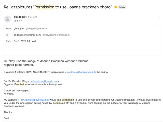 A screen capture of an email requesting permission for a photograph of Joanne Brackeen to be posted at PoJ.fm granted in an email reply by the photographer Paolo Ferraresi.