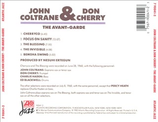 The back side of the album cover for "The Avante Garde" CD by John Coltrane and Don Cherry with two extreme closeups of their heads while playing their instruments with Coltrane on left side.