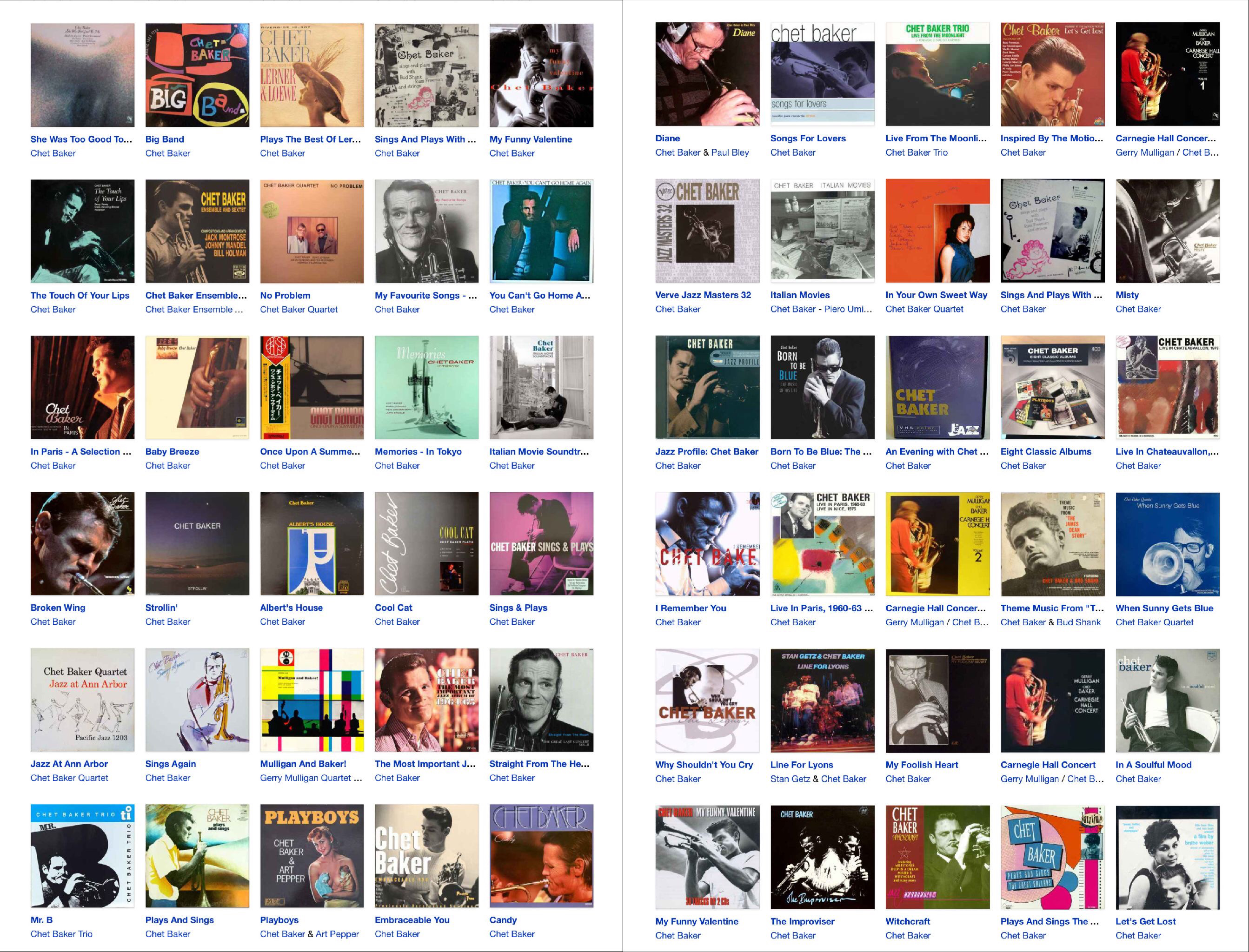 A color composite of many of Chet Baker's album covers with titles.