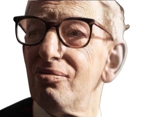 A blended colorized reversed photograph of a headshot of a middle-aged Eric Hobsbawm wearing glasses.
