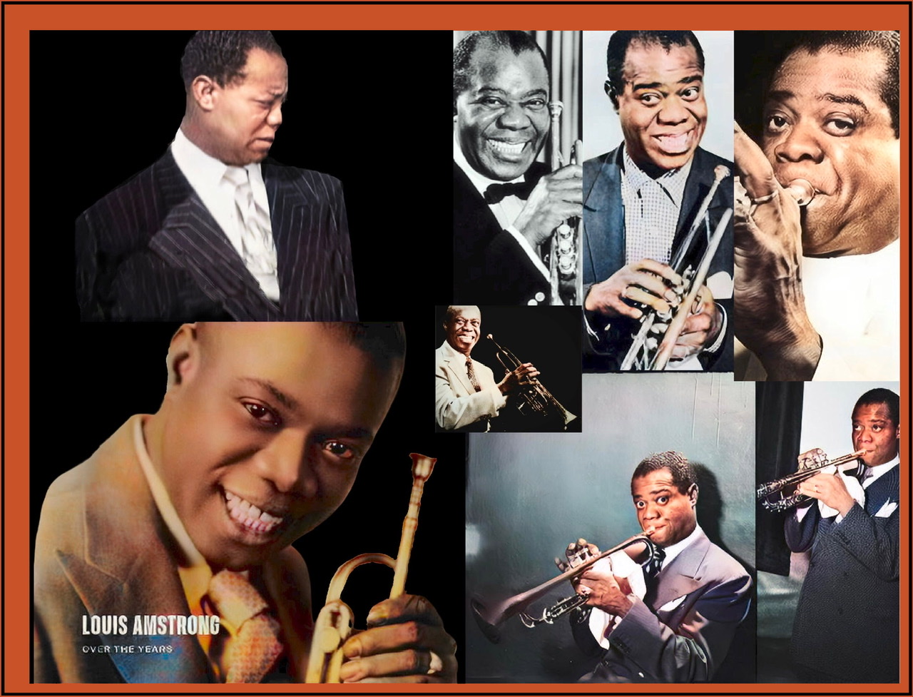 A composite photograph of Louis Armstrong in color with eight cutout figures of Armstrong framed with an asymmetrical orange border thicker on top and left side.