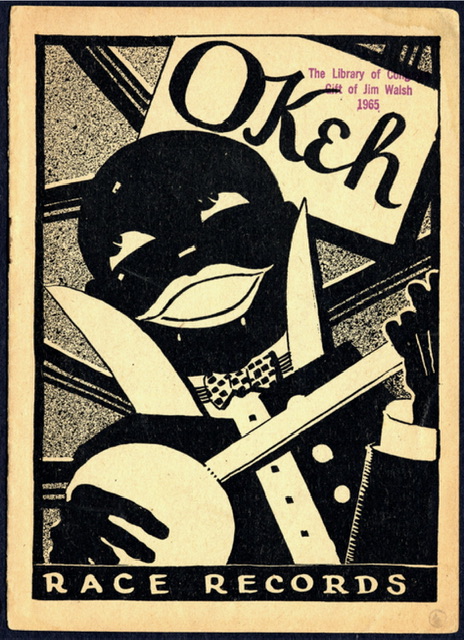 A depiction of an all dark black cartoonish caricature of a black person with rectangular dotted bow tie playing a banjo and titled Okeh Race Records being stored at the U.S. Library of Congress.