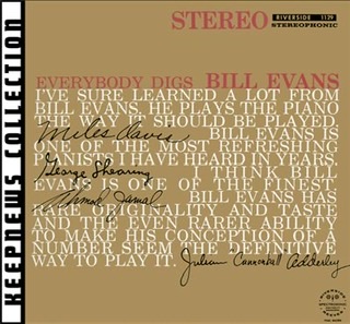 The album cover for "Everybody Digs Bill Evans" with endorsements printed on the album cover by Miles Davis, George Shearing, Ahmad Jamal, and Cannonball Adderley.