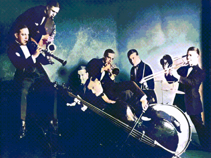 An enhanced, colorized, and animated photograph of the New Orleans Rhythm Kings with an animated Leon Roppolo playing his clarinet on far left side.