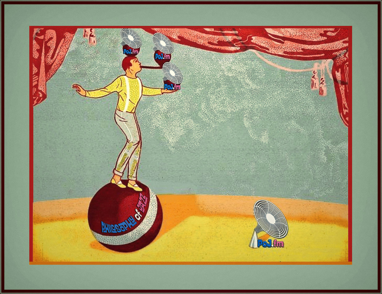 A framed cartoon style drawing of a unicycle style juggler juggling three balls that have PoJ.fm logo on them with a creamy yellow background.