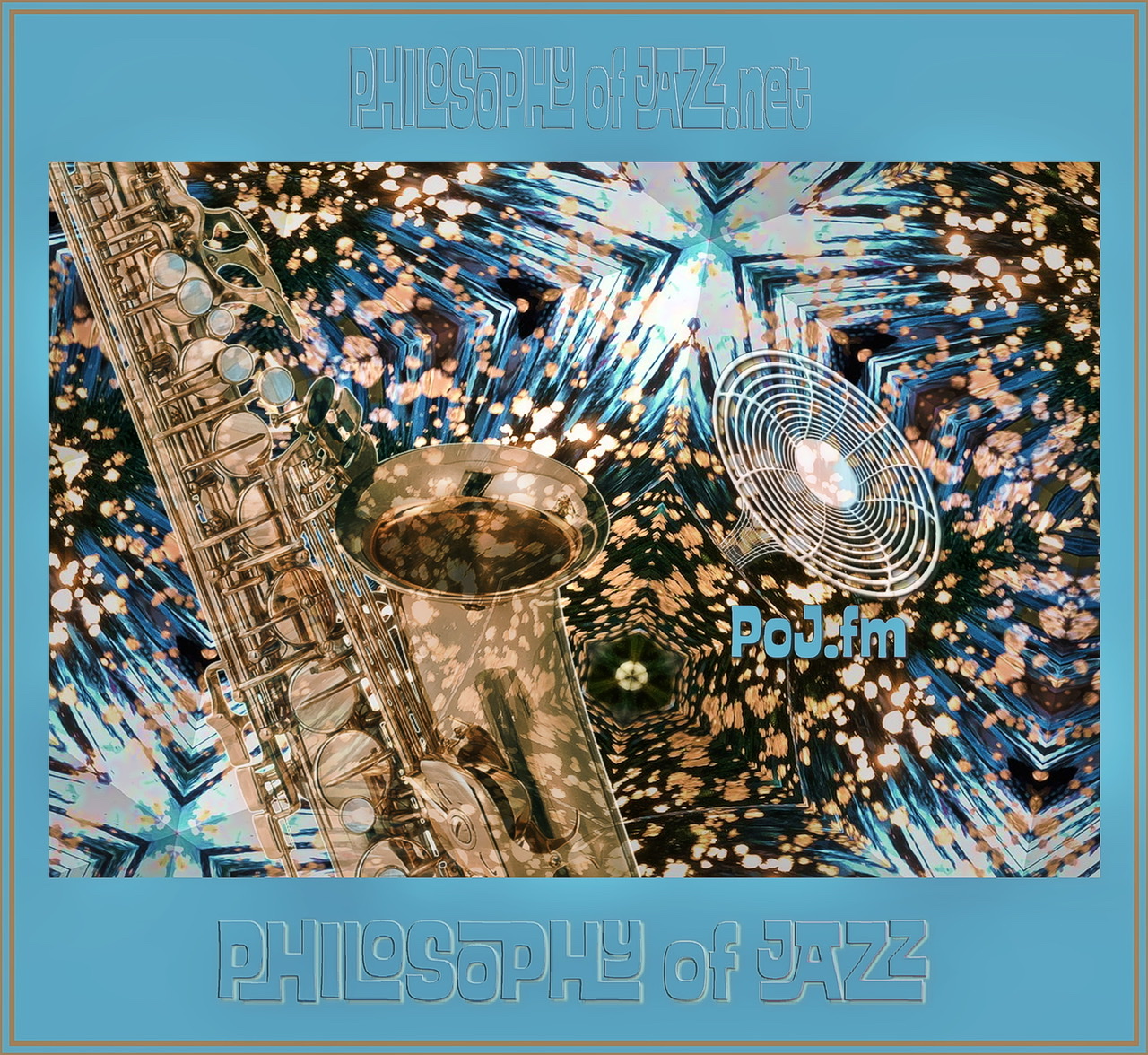 A framed graphic of a shiny coppery saxophone on left side on a powder blue background with exploding abstract graphics on the rest with PoJ.fm logos.