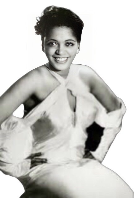 Valaida Snow in an open shouldered crossed at neck evening gown smiling at camera in a black and white photograph.