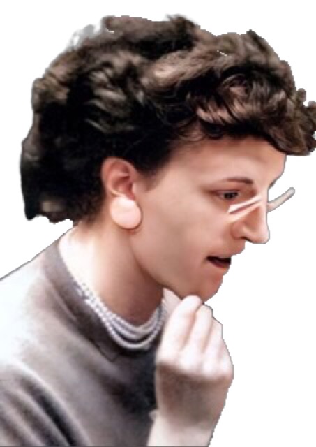 A colorized and enhanced photographic detail of Lorraine Geller's head in right profile while she sits on a piano bench with templeless glasses on her nose.