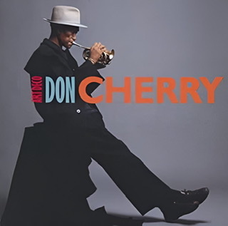 A color photograph of the cover of the album "Art Deco" by Don Cherry with the words Art Deco arranged on the left of a color photograph of Don Cherry playing his pocket cornet sitting/leaning with his feet outstretched to the viewer's right on a slate gray background.