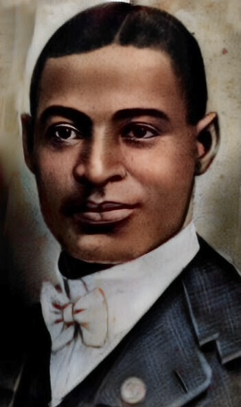 A colorized drawing of Buddy Bolden from the chest up turned towards the left from the viewer's perspective with his head mostly straightforward.