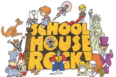 The cartoon logo for School House Rock with the three words in yellow stacked on top of each other looking as if carved out of stone surround by cartoon characters.