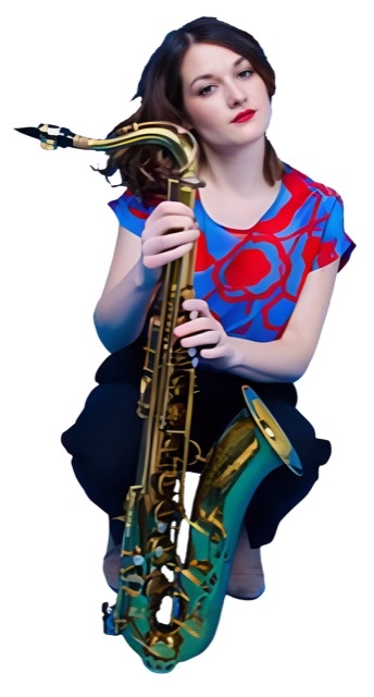 An enhanced color photograph of a squatting Trish Clowes holding her tenor saxophone in front of her.