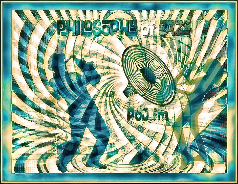 Swirling dark green and weak corn yellow background with PoJ.fm logos with male and female (on right) silhouettes 👥 on either side of the black hole PoJ.fm logo.