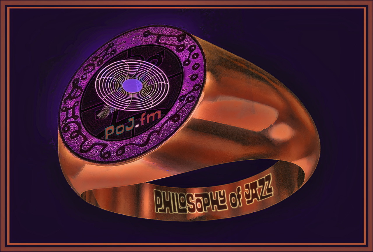 A framed graphic of a signet ring lying on its side with top of the ring to left facing viewer with a PoJ.fm logo in the center of the ring.