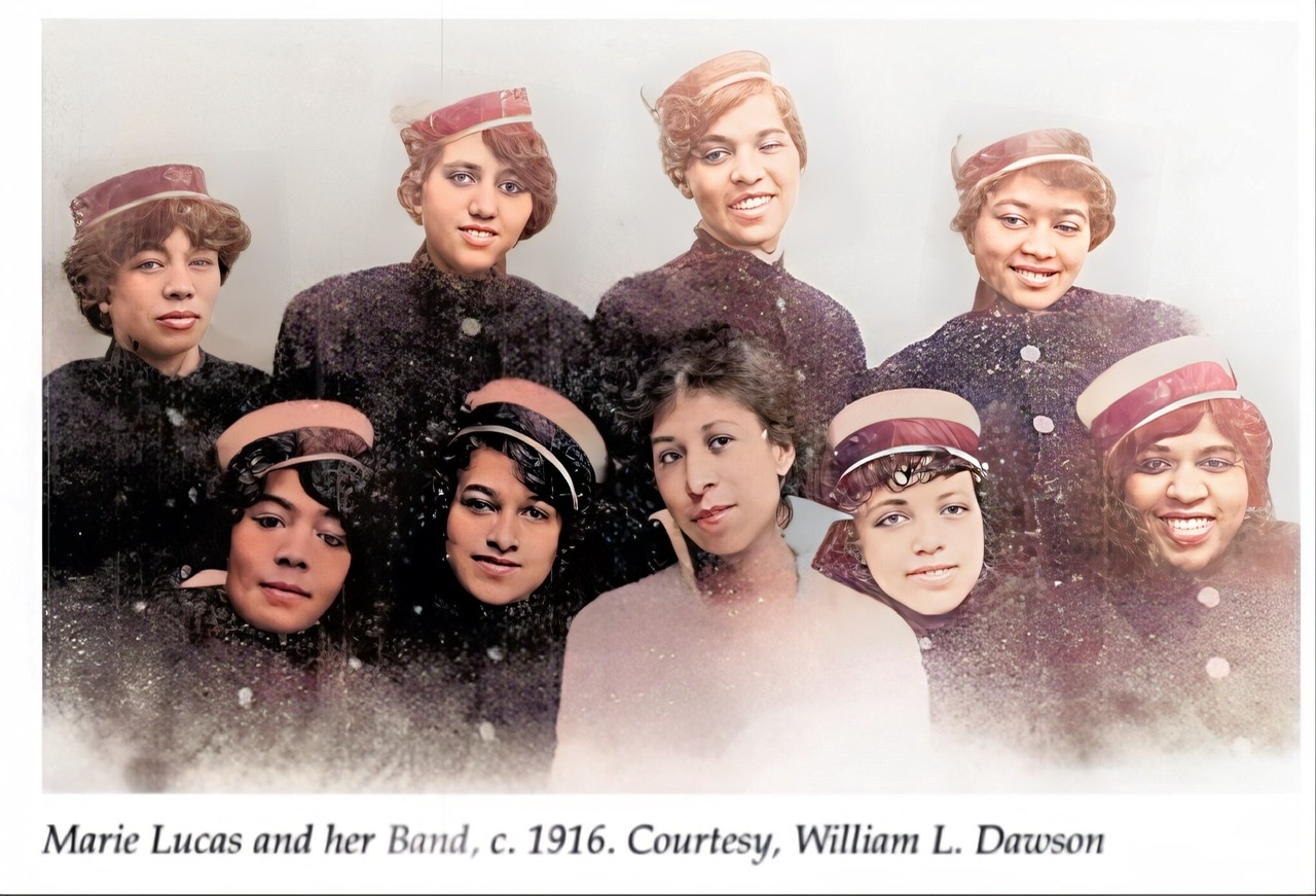 A colorized and enhanced photograph of Marie Alucas in center surrounded by her all female bandmates in uniforms with large buttons and bellboy style hats.