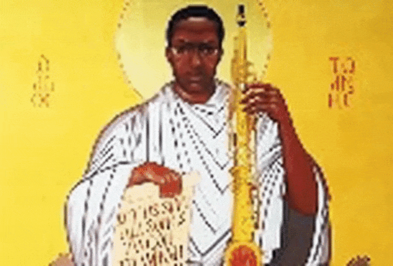 An animated .gif of a painted image of John Coltrane holding a straight soprano saxophone in his left hand (viewer's right) while directly facing the viewer on a mustard yellow background.