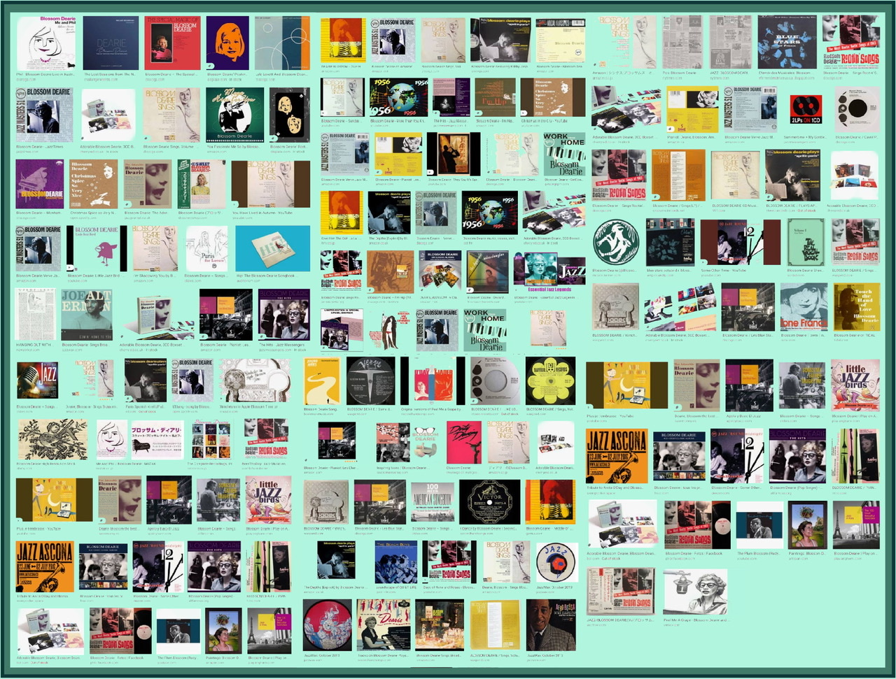 A framed composite with a teal green background of one-hundred forty-seven (147) album covers of recordings with Blossom Dearie.