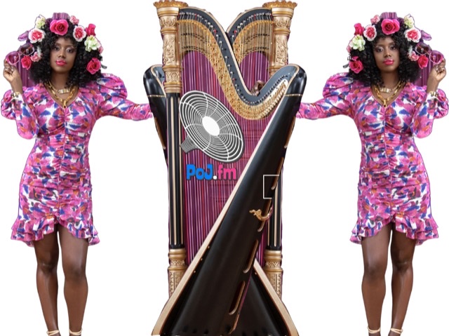 A mirrored dyptich of transparent color photographs of Brandee Younger wearing a colorful flowered print dress standing on either side of her photographically merged overlapping harps with a PoJ.fm logo in center if merged harps.