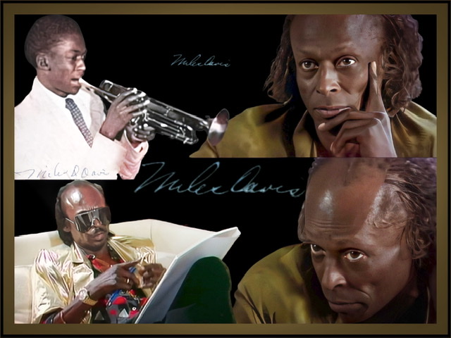 A framed color composite of four photographic cutouts of Miles Davis.