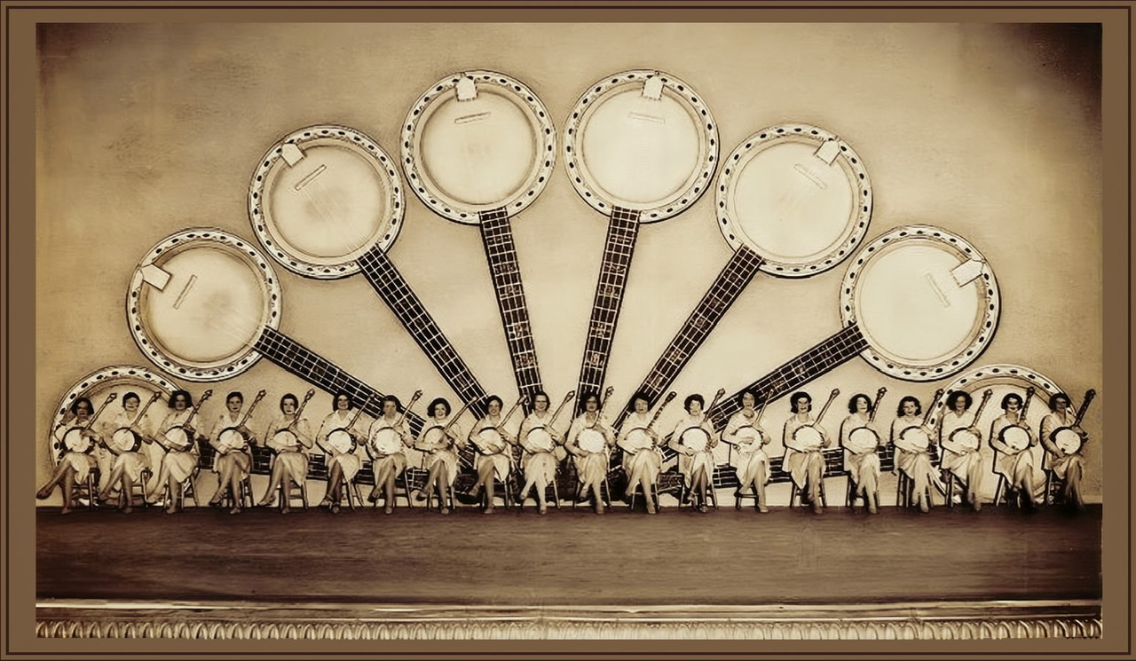 A framed and enhanced sepia photograph of The Ingenues onstage with twenty members lined up on chairs all playing banjos 🪕 with supersized banjos in a fan shape as background behind them.