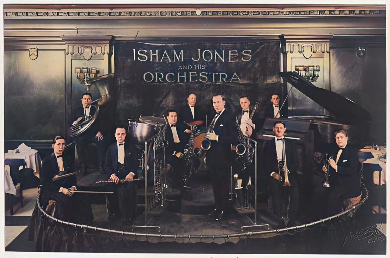An enhanced and colorized photograph of the Islam Jones jazz orchestra.