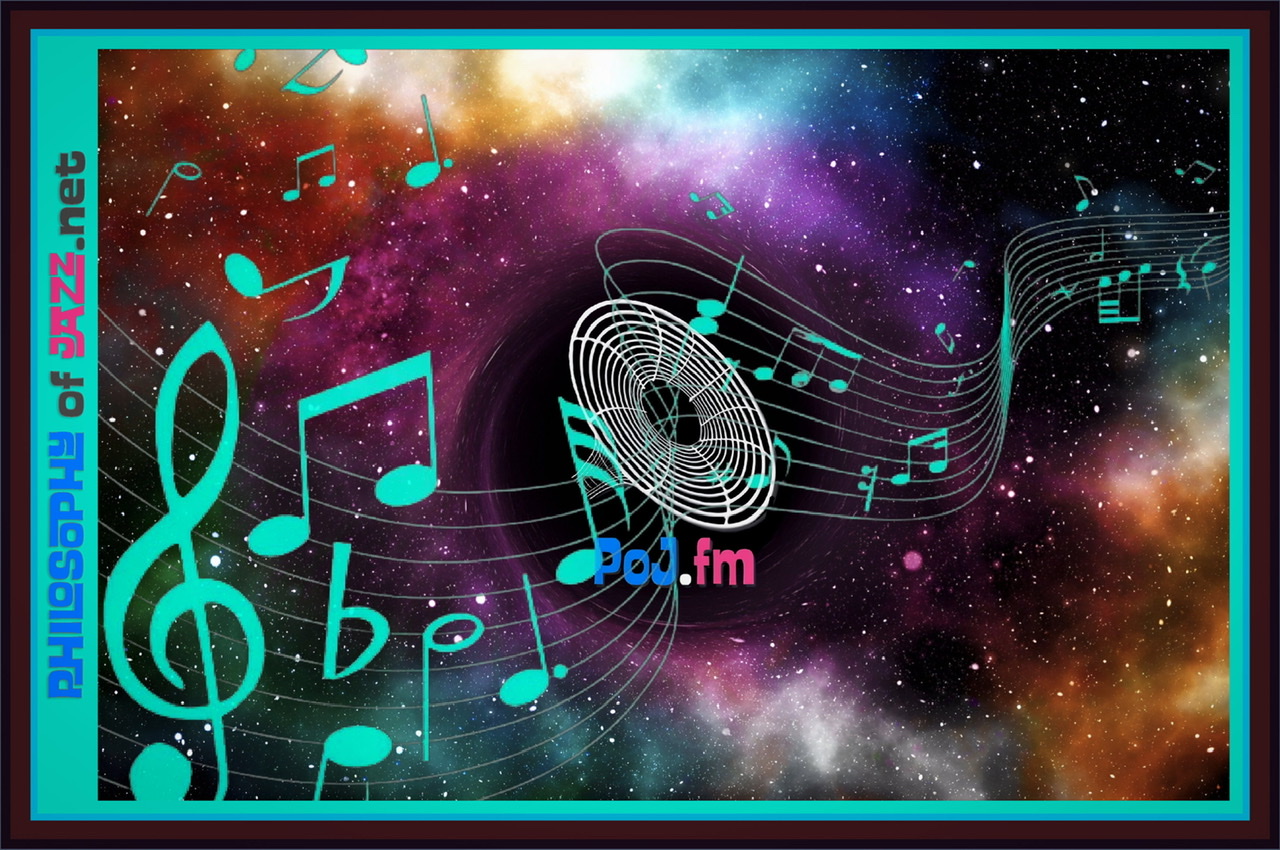 A teal framed colorful graphic of a black hole centered containing a large PoJ.fm logo and a teal colored musical staffs splashing across the image from left to right side.