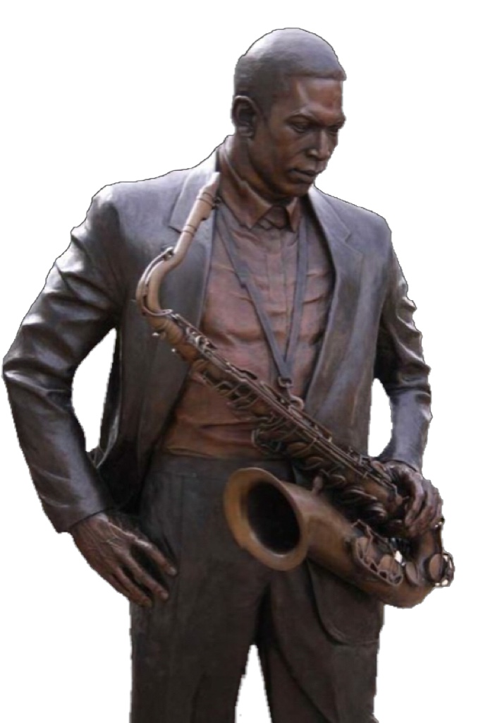 A life-size bronze statue of John Coltrane holding his saxophone
