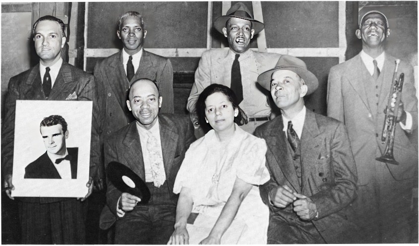 Bertha Gonsoulin in center surrounded by the Bunk Johnson band with Bunk on the far right.