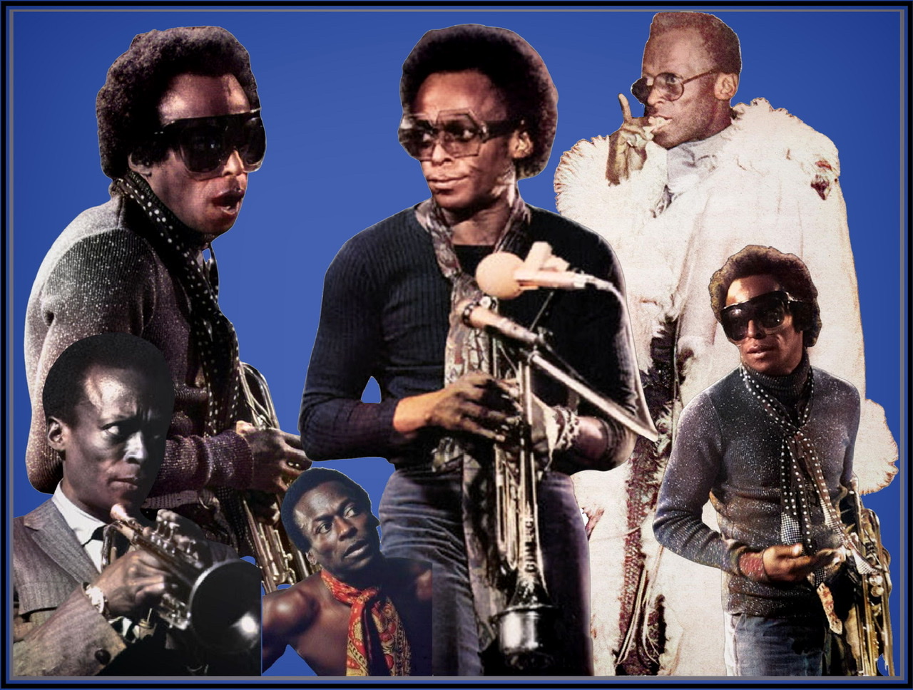 A composite of six color photographic cutouts of Miles Davis on a rich deep darkish blue background with a variety of expressions on his face.