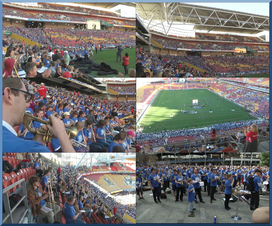 A 3D blue framed thin border surrounding a composite of five enhanced color photographs from the Queensland Music Festival 2013 Guinness World Record for largest orchestra at 7,224 musicians at Suncorp stadium 🏟 on July 13, 2013 with a sixth photograph in lower right corner of the World's Largest Trumpet Ensemble with 458 trumpeters in King George Square, Brisbane, Australia on December 10, 2013.