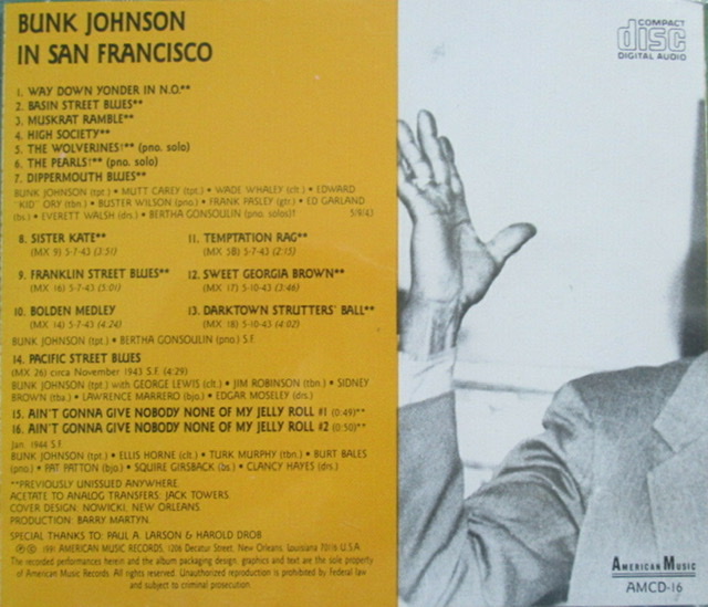 The back album cover for "Bunk Johnson In San Francisco" with a list of song titles and their personnel.