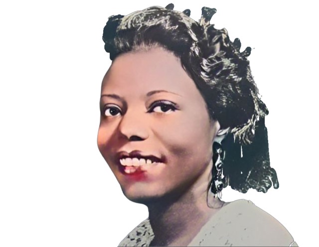 An enhanced and colorized photographic cutout of Mary Lou Williams turned slightly towards viewer's left wearing long dangly metal earrings circa 1947.