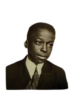A black and white photograph of a late teenager headshot of Miles Davis turned towards his left.