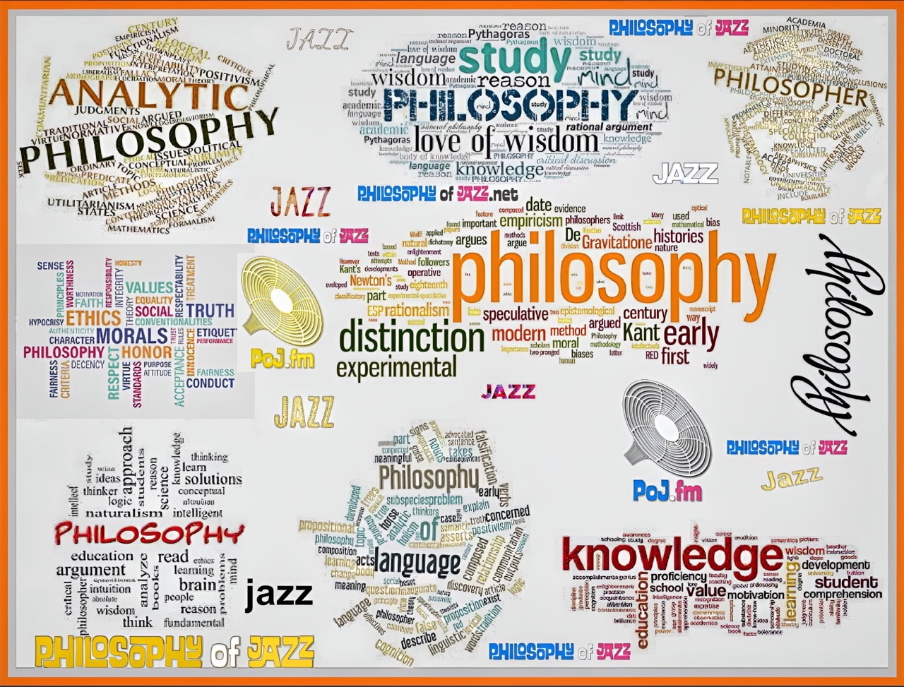 An orange framed composite of eight different multi-colored philosophy word clouds and the word "jazz" in different colors and font styles on a light gray background with PoJ.fm logos.