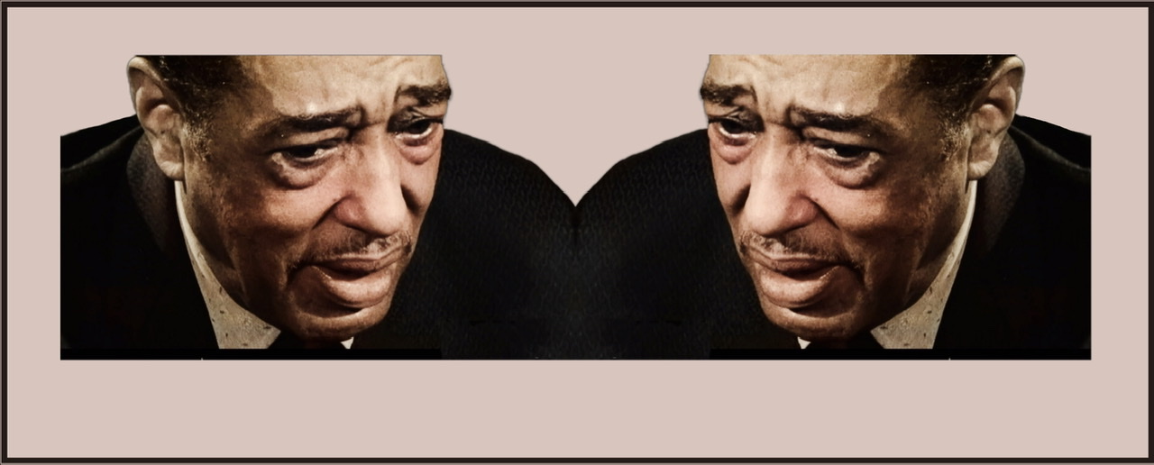 Identical mirror images of color photographs of a closeup of Duke Ellington's head with a concerned expression.