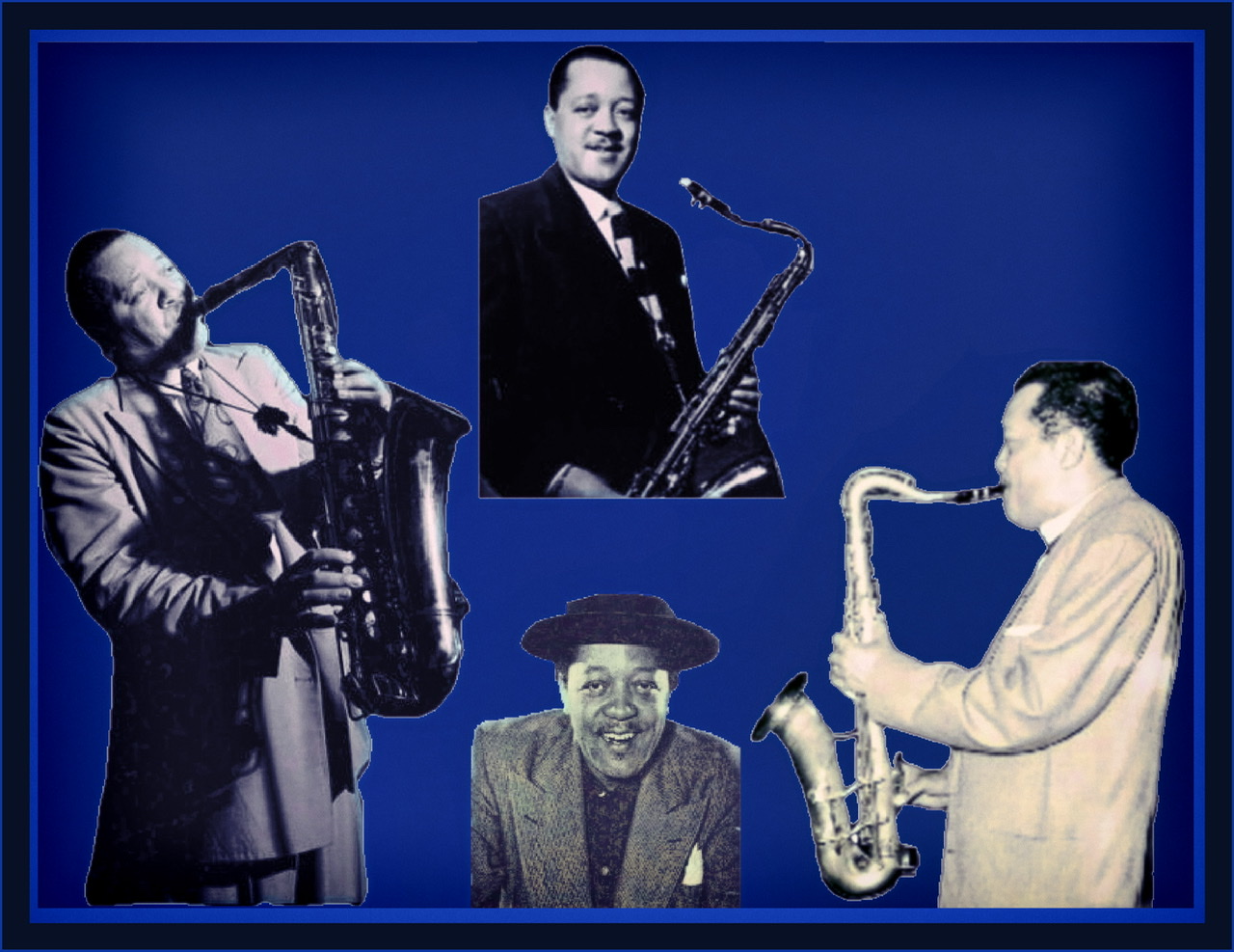 Four cutout photographic images of Lester Young displayed on a rich dark hued blue background with framing around the border.