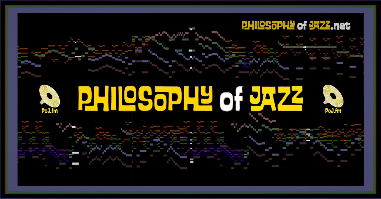 A framed color graphic of dynamic visual representations of Bach's Brandenburg Concerto #3 on a black background with a centered "Philosophy of Jazz" in yellow with yellow PoJ.fm logos on either side and a philosophyofjazz.net logo in upper right.
