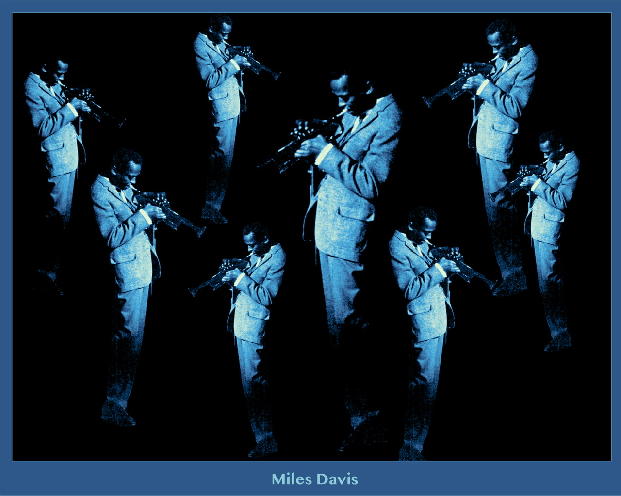 A blue framed composite of the same eight photographic cutouts four reversed of Miles Davis in profile standing and blowing his trumpet with head down on a blue background and labeled Miles Davis in bottom center inside of frame.