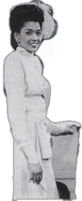 A black and white photographic cutout of Anna Mae Winburn standing.