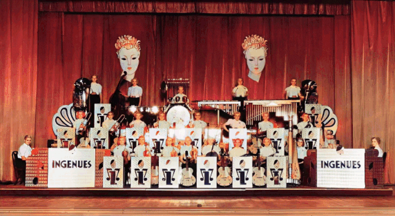 An enhanced, colorized, and animated photograph of The Ingenues orchestra on stage in Chicago, Illinois around 1930.