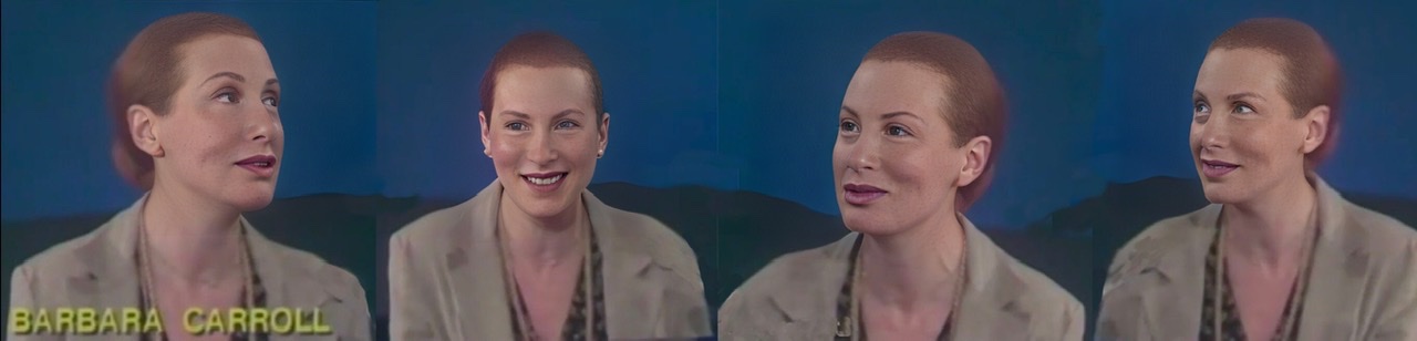 Four non-identical color photographic cutouts composited together of Barbara Carroll.